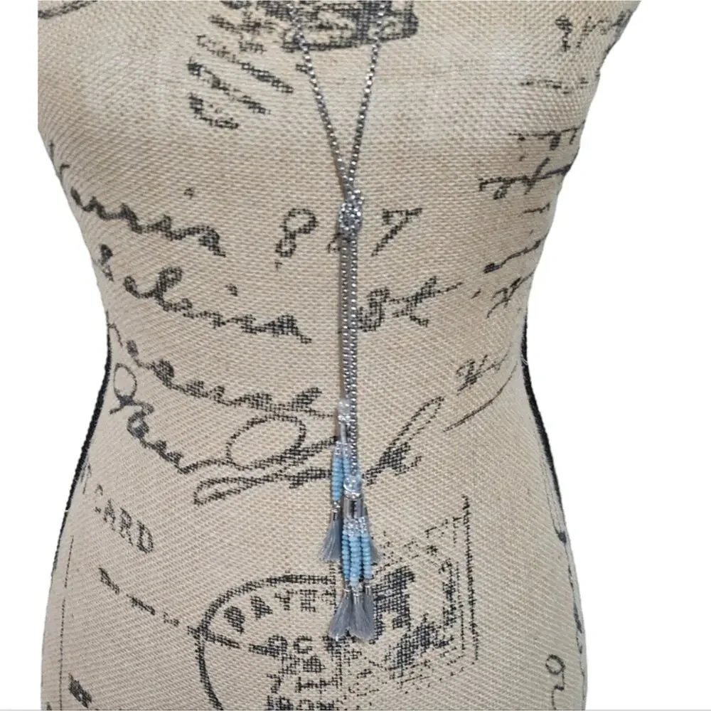 WHBM Blue Beaded Silver Tone Tassel Y Lariat Necklace